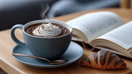 A simple, cozy scene with a steaming mug of hot chocolate, a croissant, and a book