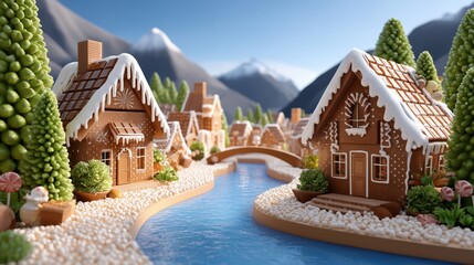 A whimsical gingerbread village nestled by a blue river with snow-capped mountains