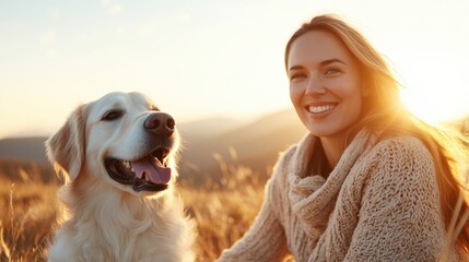 A joyful woman smiles brightly alongside her golden retriever during a picturesque sunset, embodying companionship and tranquility in nature's beauty.