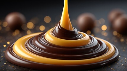 An extreme macro shot of rich dark chocolate and golden caramel swirling together beautifully