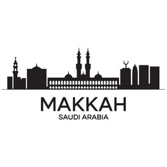 Makkah skyline horizontal banner. Makkah, Saudi Arabia. Vector template for your design. Vector black silhouette. with white background