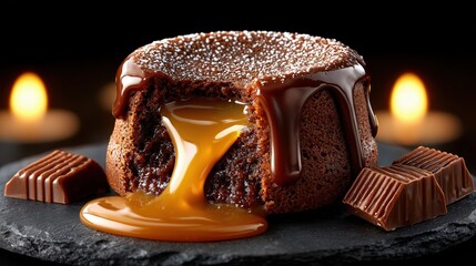 An indulgent chocolate lava cake with a flowing caramel or peanut butter center, drizzled with rich chocolate sauce