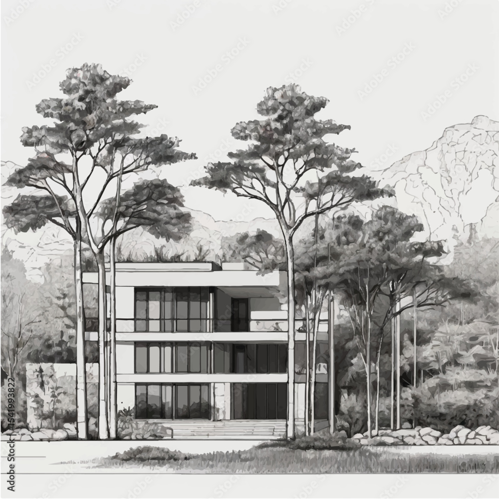 Poster architectural drawings, minimal style cad tree line drawing, side view, plan and section forest outl