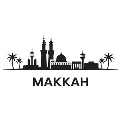 Makkah skyline horizontal banner. Makkah, Saudi Arabia. Vector template for your design. Vector black silhouette. with white background