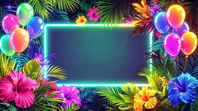 Vibrant neon frame surrounded by tropical flowers and balloons creating festive atmosphere.