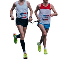 blind athlete is paired with his guide running marathon isolated on transparent background
