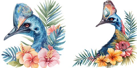 cassowary bird and tropical leaves watercolor vector illustration