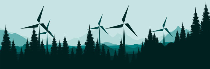 wind turbines in a pine forested mountain landscape renewable energy concept vector illustration good for wallpaper design, design template, background template, and tourism design template	