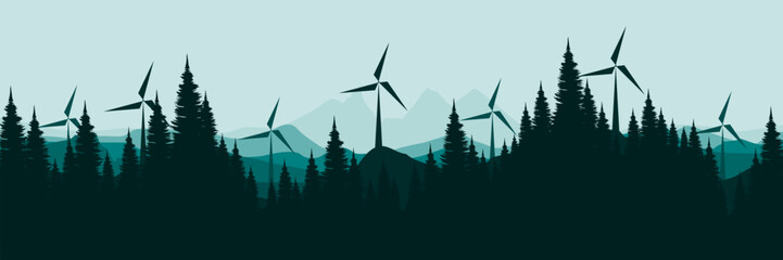 wind turbines in a pine forested mountain landscape renewable energy concept vector illustration good for wallpaper design, design template, background template, and tourism design template	