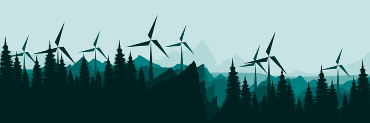 wind turbines in a pine forested mountain landscape renewable energy concept vector illustration good for wallpaper design, design template, background template, and tourism design template	