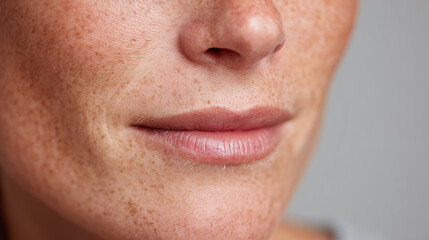 Closeup of natural lips and freckled skin showing hydration and texture with soft lighting on neutral background, highlighting healthy and smooth facial features