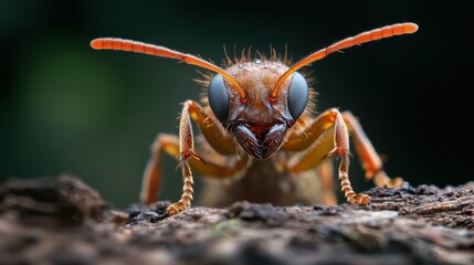 Naklejka premium A close-up image of a vibrant orange insect showcasing intricate details from its large eyes to its delicate antennae, highlighting nature's beauty and complexity.