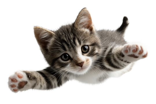 Adorable kitten leaping happily with paws outstretched