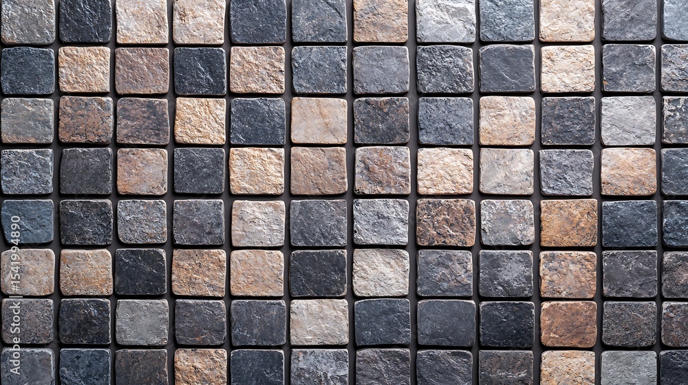 Aufkleber a close-up view of a textured stone tile mosaic arranged in a grid pattern with shades of gray, blac