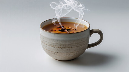 A steaming cup of spiced tea with cinnamon sticks and star anise on a white surface in a studio shot