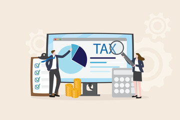 Tax payment concept. Financial report auditor and calculation tax return, debt payment for Government, State taxes, Tax planning Due date. Business team presenting data online illustration flat design