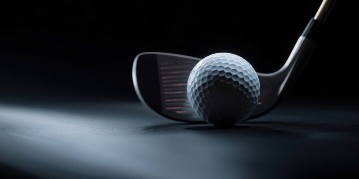 The golf ball poised near a club in dramatic lighting.