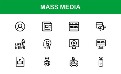 Minimalist Mass Media Icons. Professional Graphics for News Outlets, Media Campaigns, and Broadcasting Design Systems outline style