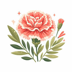 A coral carnation with white edges sits among green foliage accompanied by a bud and reddish petals