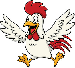 Excited Cartoon Rooster with Wide Open Beak and Outstretched Wings, Expressing Joy and Enthusiasm, Isolated Farm Animal Character Illustration.
