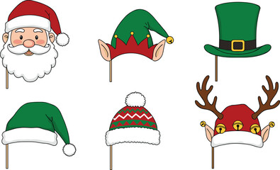Christmas and Holiday Photo Booth Props Set, Featuring Santa, Elf, Reindeer, and Festive Hats for Seasonal Celebrations and Parties.