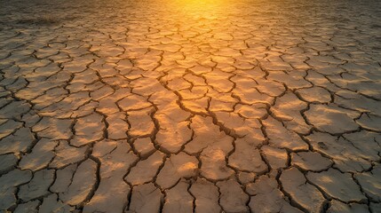 Aerial View of Dry Cracked Lakebed in Extreme Drought under Golden Lighting