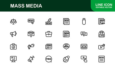 Minimalist Mass Media Icons. Professional Graphics for News Outlets, Media Campaigns, and Broadcasting Design Systems outline style
