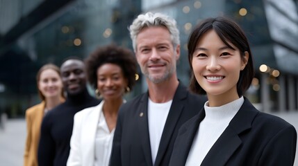 Obraz premium Group of diverse professionals standing in front of a modern office building