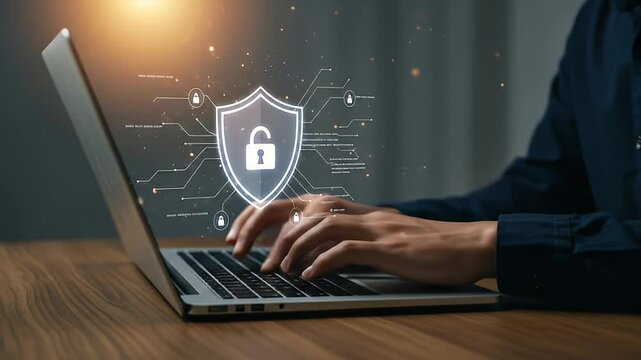 Person's Hands Typing On Laptop Displaying Shield And Lock Symbols On A Wooden Table In Dark Environment