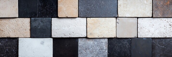 A close-up view of a wall made from rectangular stone tiles in various shades of black, gray, white, and beige.