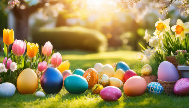 vibrant easter egg hunt scene in a sunny garden with colorful decorated eggs and cheerful spring vibes
