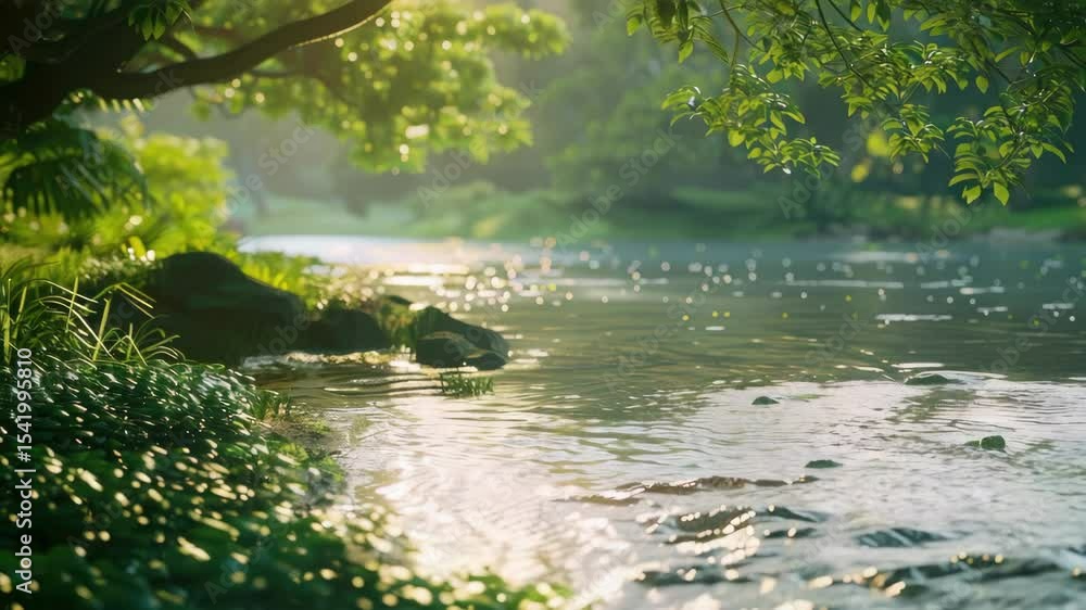 Poster a tranquil stream surrounded by a lush forest, bathed in soft sunlight and dappled with shadows from