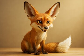 Obraz premium Cute cartoon-style fox with big expressive eyes and fluffy tail sitting on wooden surface in warm light against soft brown background.