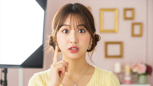 配信スタジオで驚いた表情を見せる若い女性インフルエンサー
