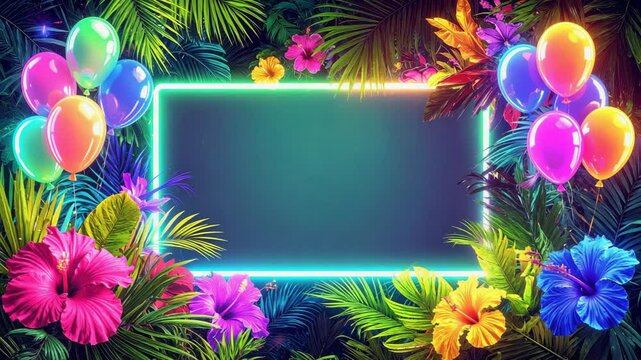 Colorful balloons and hibiscus flowers frame a glowing neon sign, creating a vibrant backdrop.
