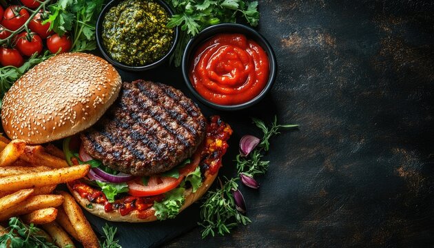 Delicious burger with toppings and sauce on dark background, top view. Use this for restaurant menus or food related advertisements.