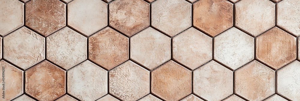 Poster a close-up of hexagonal stone tiles with a weathered, rustic look in varying shades of beige and bro
