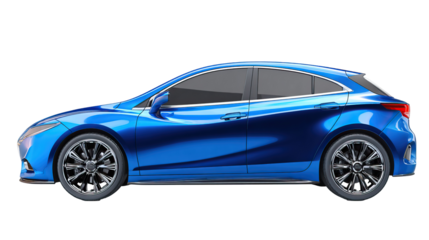 Modern blue car with minimalistic look and no shadow on transparent background

