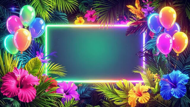 Colorful balloons and hibiscus flowers frame a glowing neon sign, creating a vibrant backdrop.