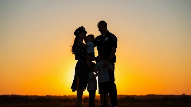 Police Family Silhouette at Sunset Graduation Celebration - A silhouetted family stands against a vibrant sunset.