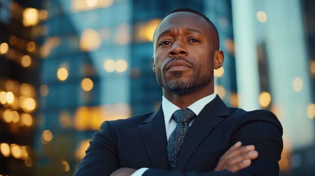 A poised businessman exudes confidence in an urban environment, blending professionalism with the vibrance of city lights and modern architecture surrounding him.