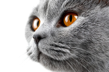Grey cat with vibrant orange eyes against a transparent background