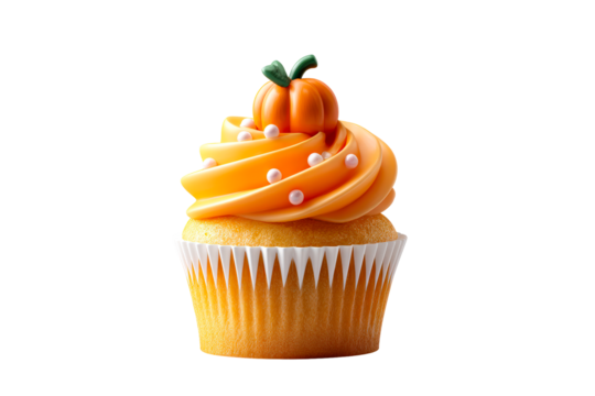 Colorful pumpkin cupcake with swirl frosting and decorations
