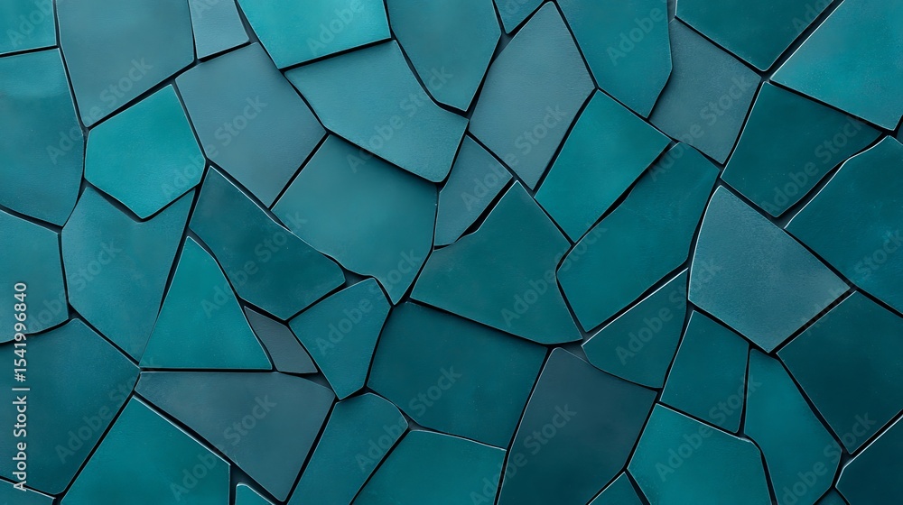 Poster a close-up of a textured surface featuring irregularly shaped, teal-colored tiles with visible grout