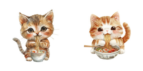 cat eat ramen watercolor vector illustration