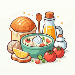 A culinary illustration featuring a bowl of soup surrounded by bread tomatoes and condiments