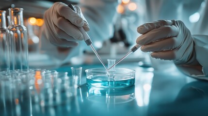 A focused scientist in gloves uses pipettes to conduct a precise experiment in a laboratory, illustrating the meticulous nature of scientific research and discovery.
