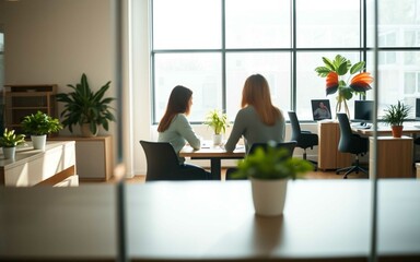 Fototapeta premium Minimalist modern office with soft blur view through glass, two people working quietly, natural lighting, Scandinavian decor, depth of field and reflections, calm professional space.