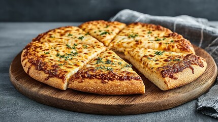 Sliced cheese pizza on a wooden board.