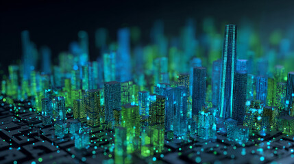 Digital technology city metaverse neon blue green background, abstract cyber communication, innovation future cyberpunk metropolis tech, internet network connection, Ai big data, town illustration 3d